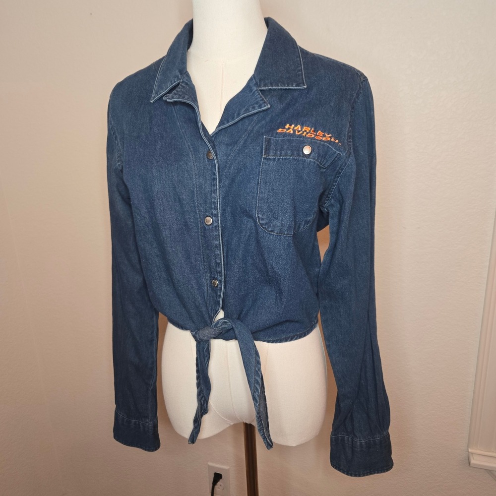 Harley Davidson Womens Denim Tie Front Cropped Shirt Orange Logo Medium‎